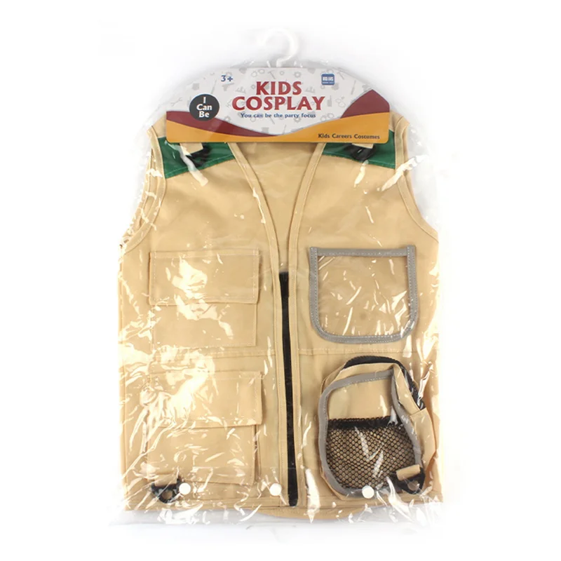 ชุดผจญภัยกลางแจ้ง A04F-2X, เสื้อกั๊กคาร์โก้สีกากีสำหรับเด็กเล็กพร้อมหมวก สวมใส่สบายและทนทาน ชุดนักสำรวจสำหรับเล่นบทบาทสมมติ