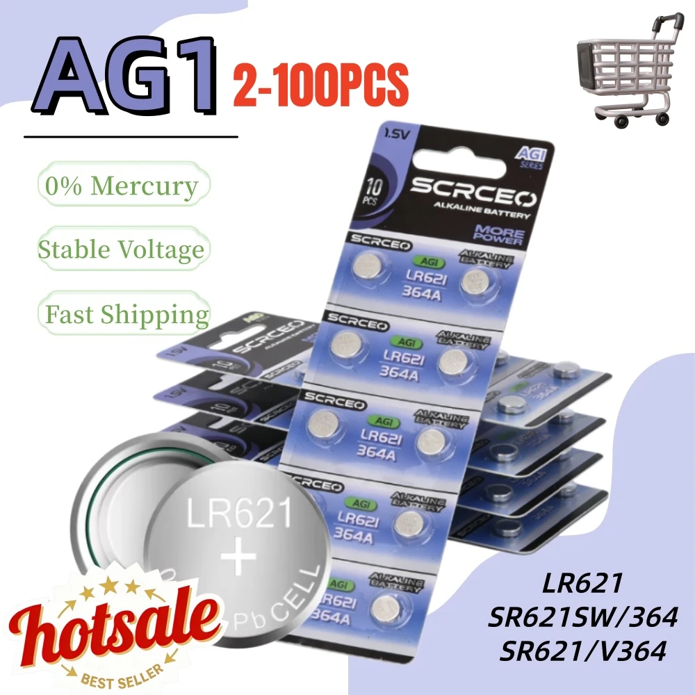 

2-100PCS LR621 SR621SW AG1 Button Cell, 1.5V Lithium Manganese, for Calculators, Watches, Small Electronics