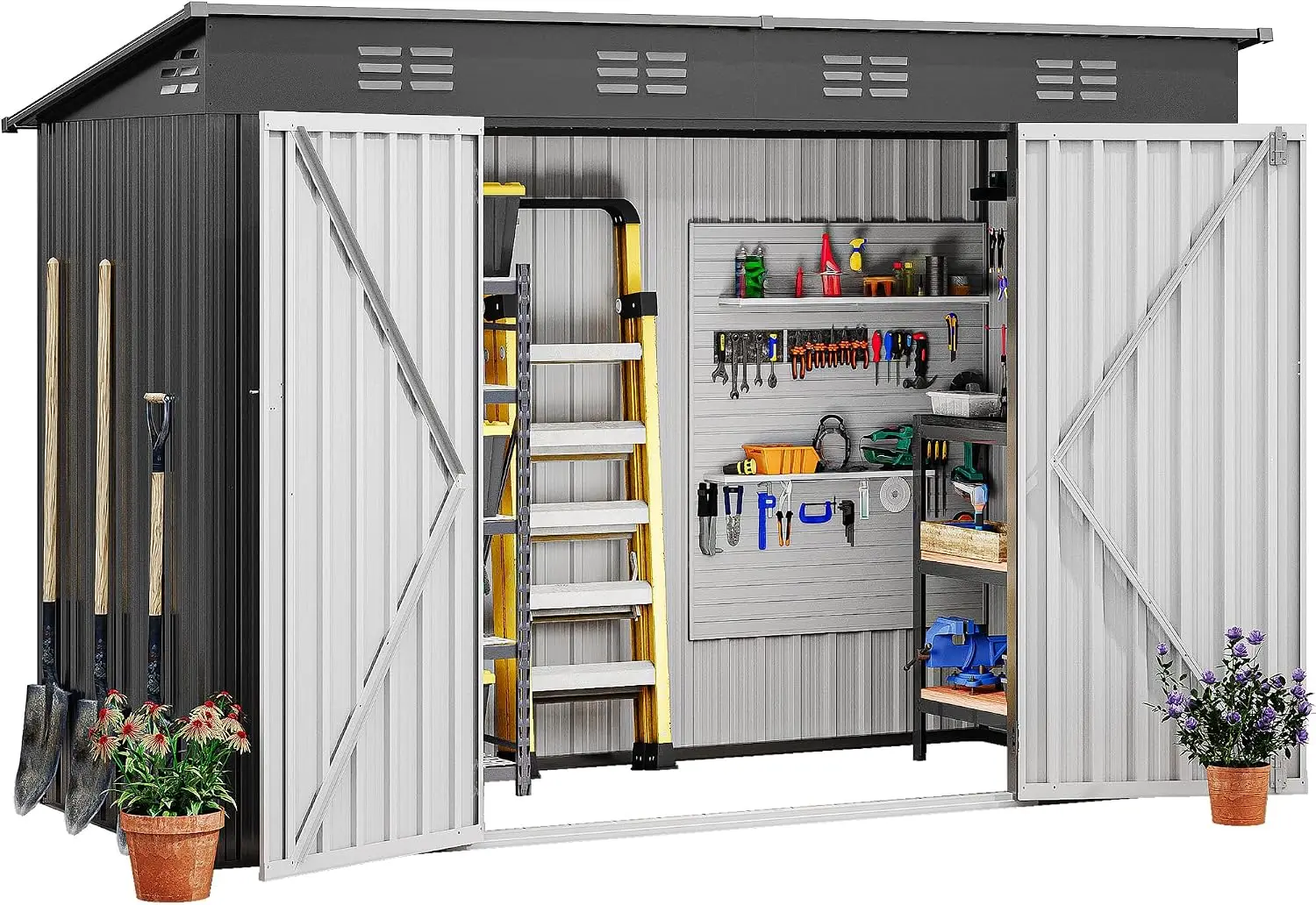 Dark Gray Large 9x4ft Tool Storage Shed Sloped Roof Lockable Doors