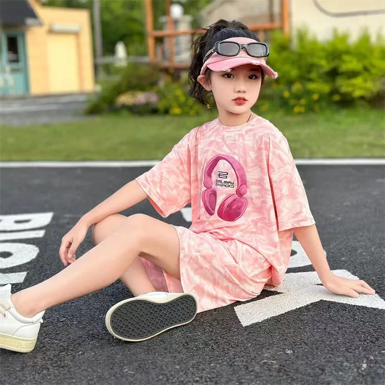 Girls Sports Suit Medium Children Summer New Solid Color Fashion Korean Version Short-sleeved T-shirt Top Pants Two-piece Set