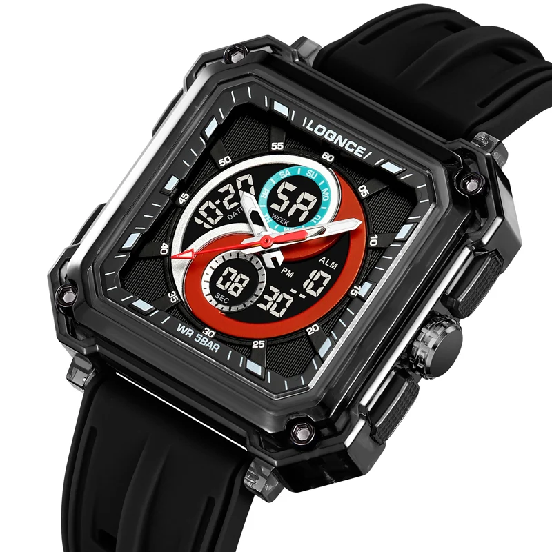 

LOQNCE 98009 креативный квадратный циферблат 50 м водонепроницаемые силиконовые мужские спортивные двойные часы секундомер будильник кварцевые цифровые наручные часы хит продаж