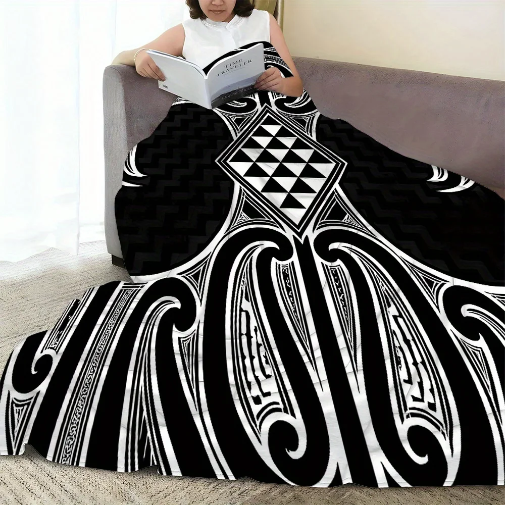 Maori Tribal Blanket Black and White Totem Pattern Soft Warm Throw for Bed Sofa Living Room Office Travel Gift