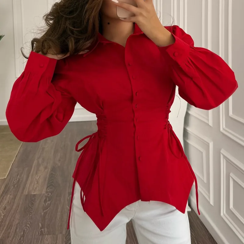 

2026 Side Lace Up Women's Shirt Full Sleeve Waist-Closed Irregular Single-Breasted Lady Blouse Spring Summer Female Top
