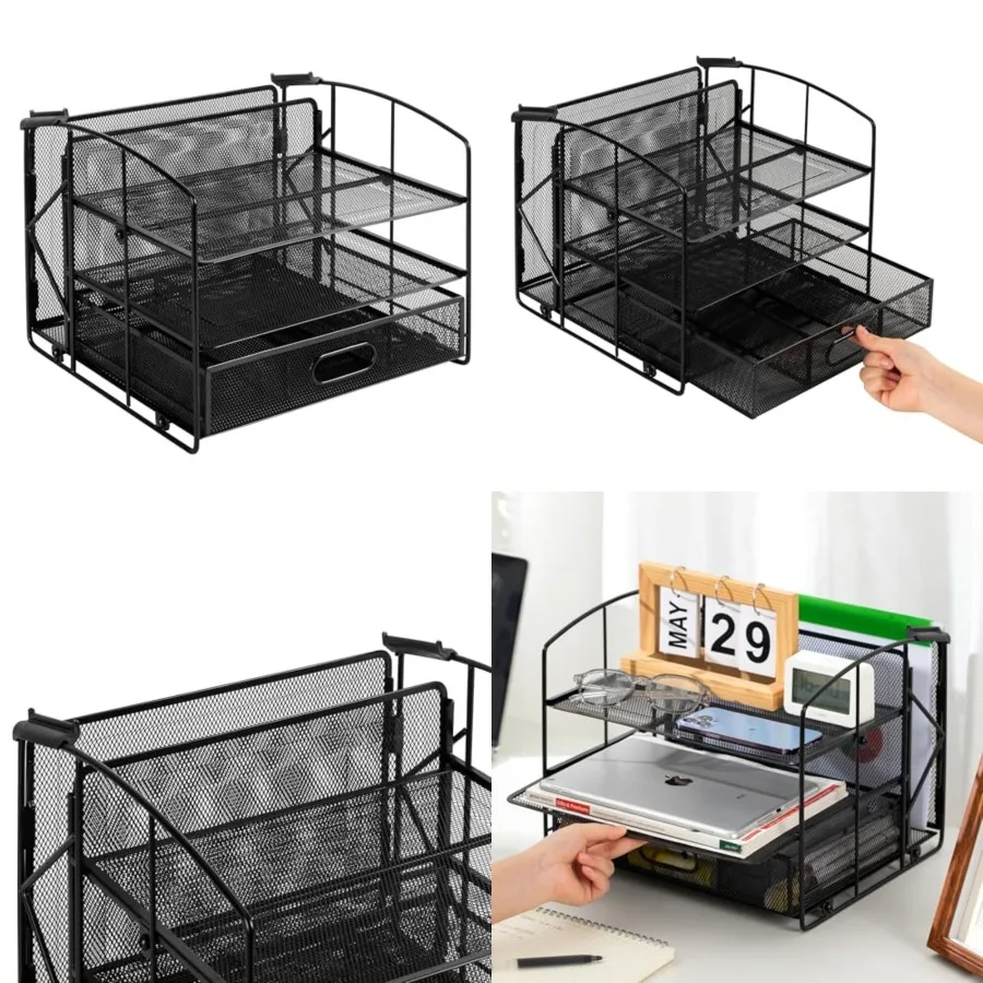 

Прямоугольный настольный органайзер с 3-мя выдвижными ящиками и подвесным держателем для файлов черного цвета, идеально подходящий для домашнего офиса, учебного стола