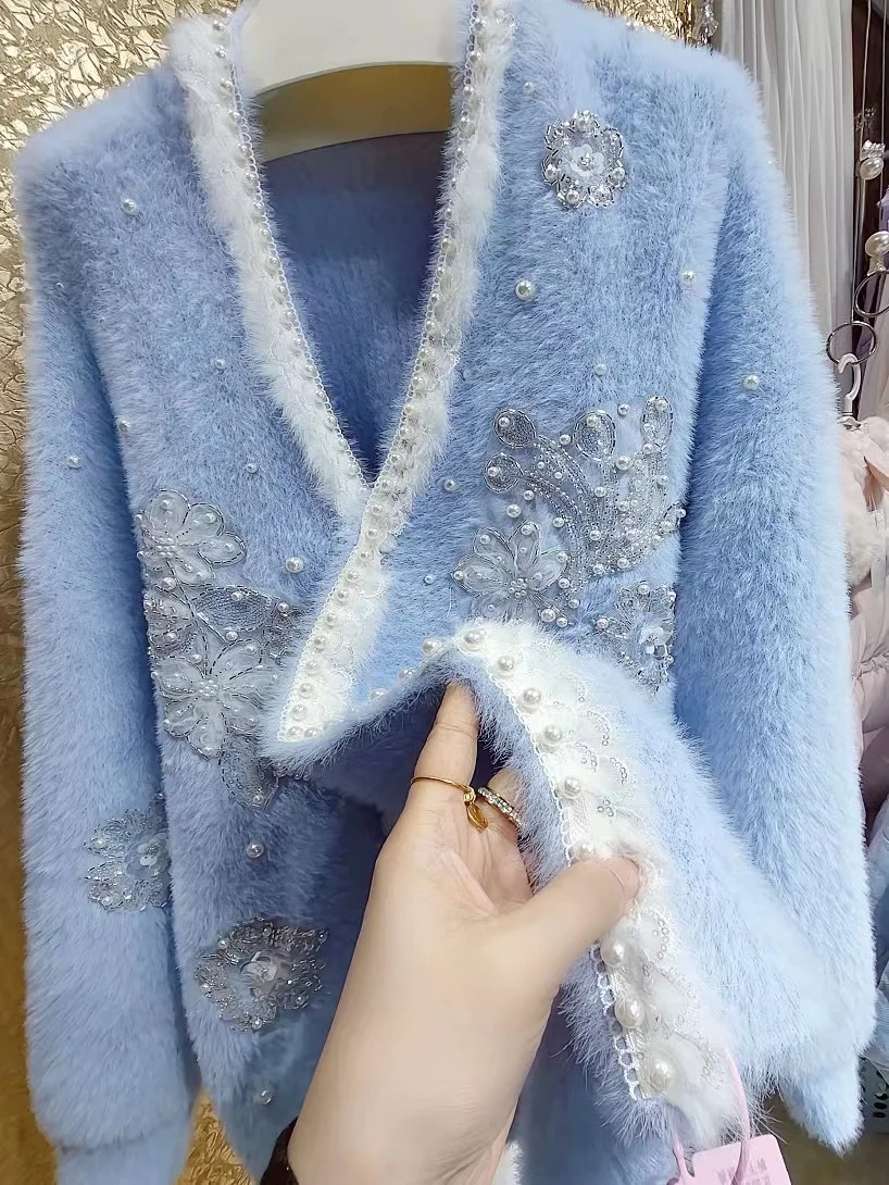 

Luxury Blingbling Pearls Beaded Sequined Flowers Thick Faux Fur Sweater Cardigan For Women Winter Autumn Loose Knitwear Top Coat