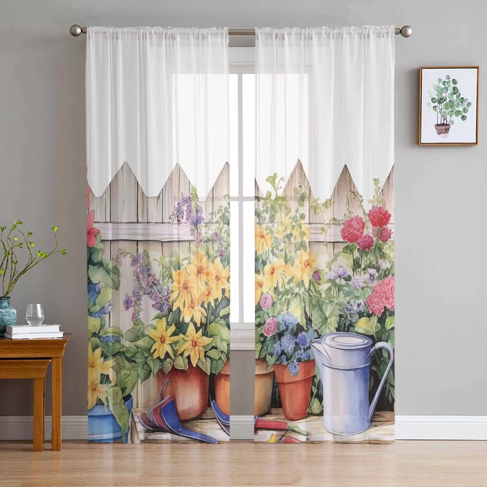 Watercolor Country Garden Plant Flower Tulle Curtains for Living Room Bedroom Modern Chiffon Sheer Voile Kitchen Window Curtain