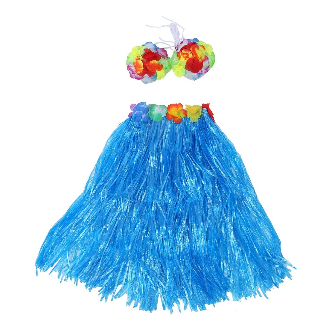 6 ชุดกระโปรงหญ้าฮาวายดอกไม้ Hula Lei สายรัดข้อมือ Garland ชุดแฟนซีเครื่องแต่งกาย - สีฟ้า