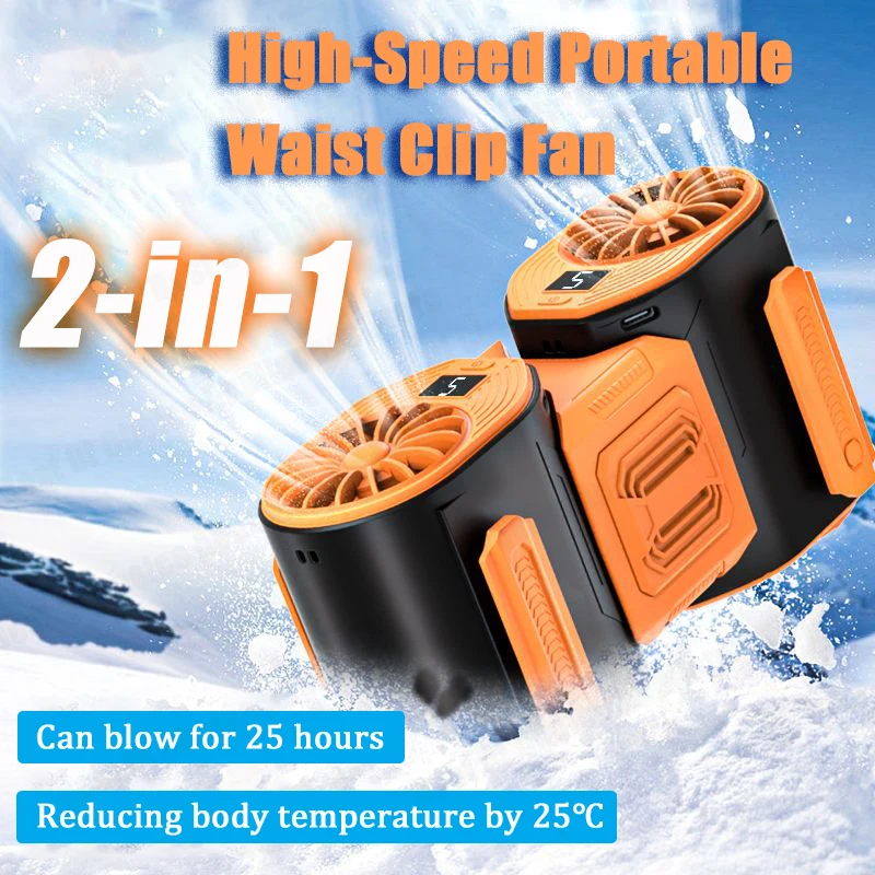 Double Air Duct High Speed Waist Hanging Fan 2-in-1 Digital Display Rechargeable Handheld Desktop Hanging Neck Clip New