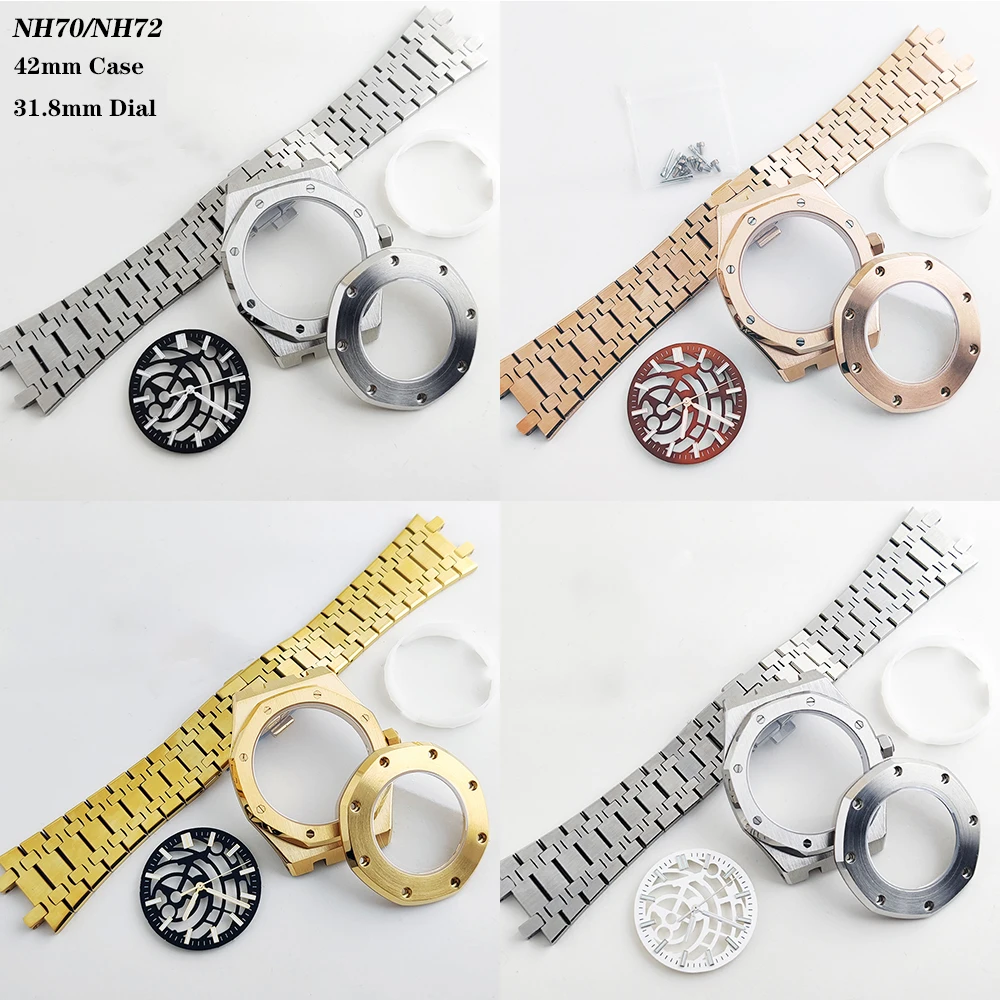 Octagonal 42mm Modified Case 31.8mm Hollow Out Green Luminous Dial Strap Accessories Sapphire Glass Case for NH70/NH72 Movement
