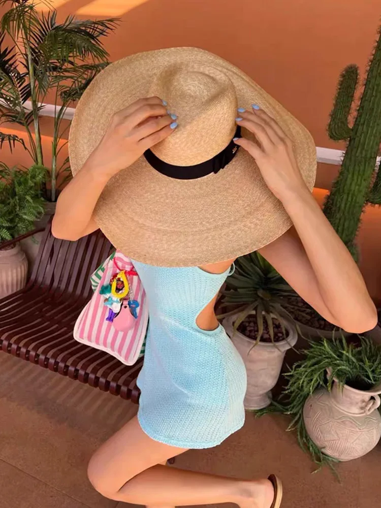 Traje de baño de una pieza con falda sin espalda y sin mangas de punto de Corea del Sur para mujer, nuevo traje de baño de vacaciones adelgazante para cubrir el vientre de verano 2025