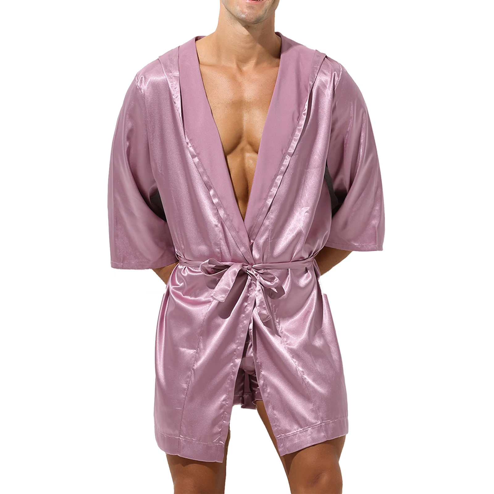 Albornoz de satén con capucha para hombre, bata de noche con cinturón, camisón de media manga, Kimono suave y sedoso, ropa de dormir
