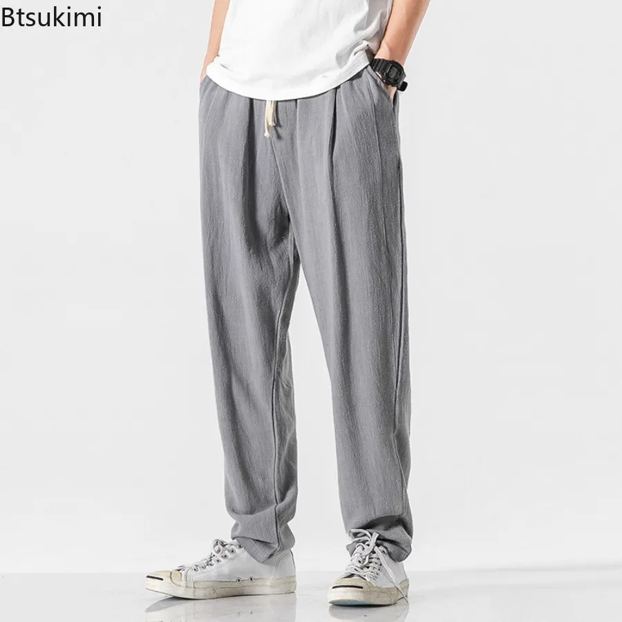 Spring Summer Men's Flax Pants Solid Loose Large Size Elastic Waists Traight Leg Pants Fashionable Comfortable Casual Trousers