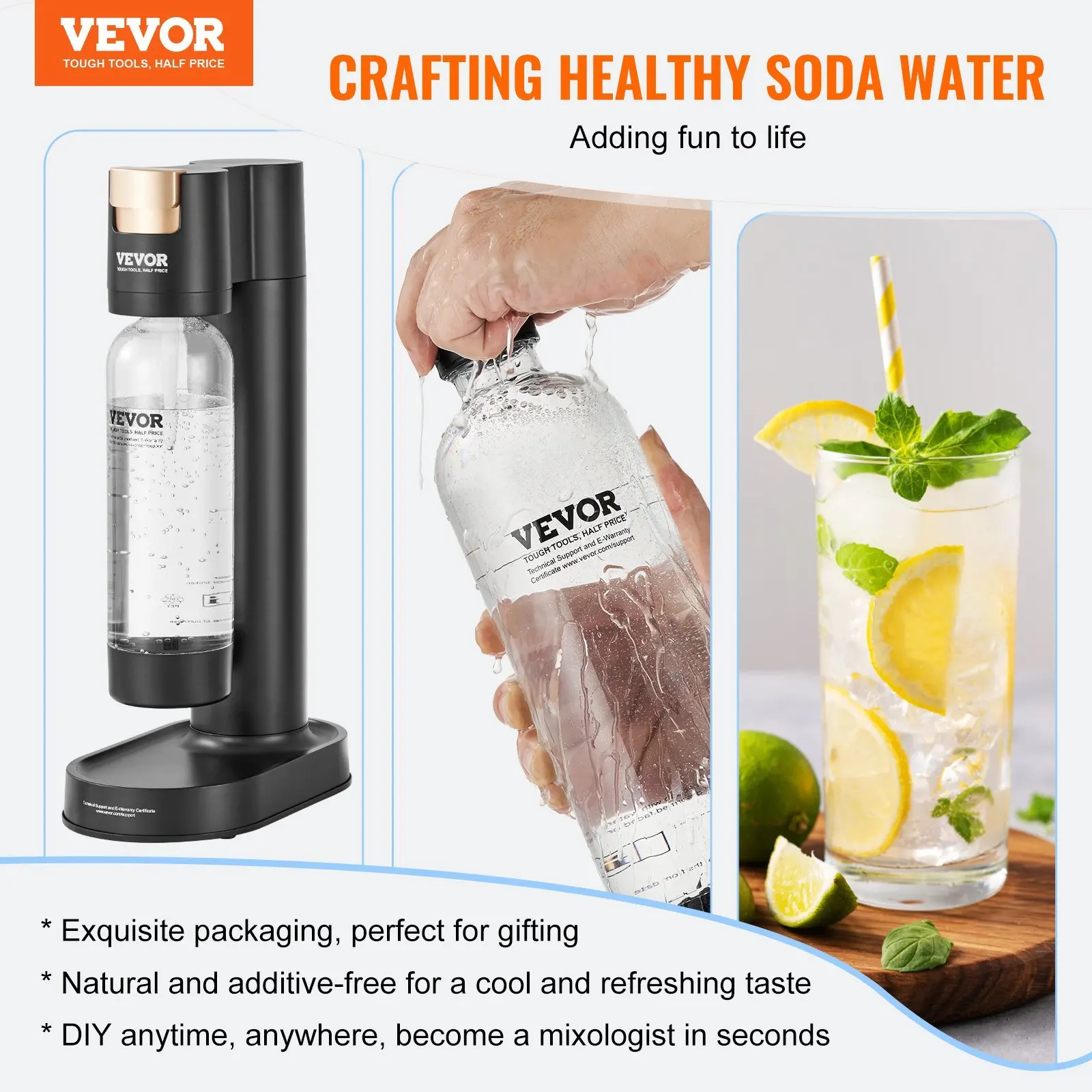 Sparkling Water Maker, Soda Maker Machine for Home Carbonating, Seltzer Water Starter Kit with 2 BPA-free 1L PET Bottles,