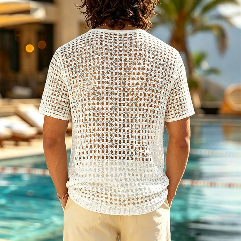 Herren Ausgehöhltes Häkel-Strick-T-Shirt Rundhals Kurzarm Durchsichtiges Netz-Oberteil Atmungsaktives Vintage Strand-Party Freizeit-T-Shirt S-2XL – Detail 10