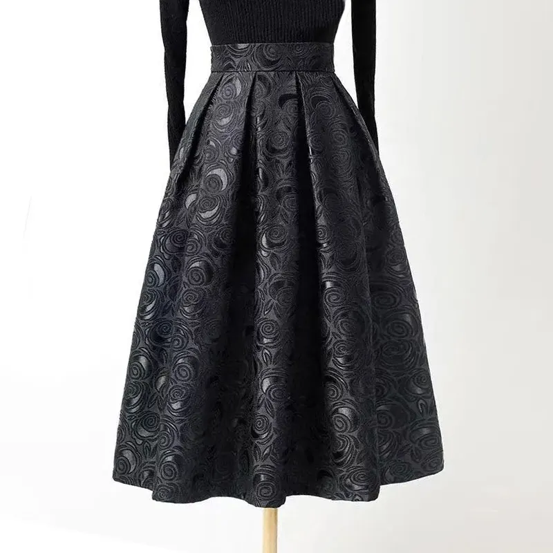 

Black Floral Vintage Elegant Chic High Waist Ball Gown Loose Women's Skirt Knee-Length Long Skirts For Women Clothing Fashion