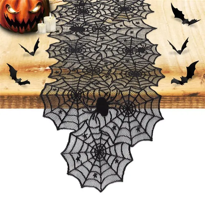 AT13 Halloween Tablecloth Spider Web Fireplace Towel Spider Table Runner Lampshade Halloween Decoration Set