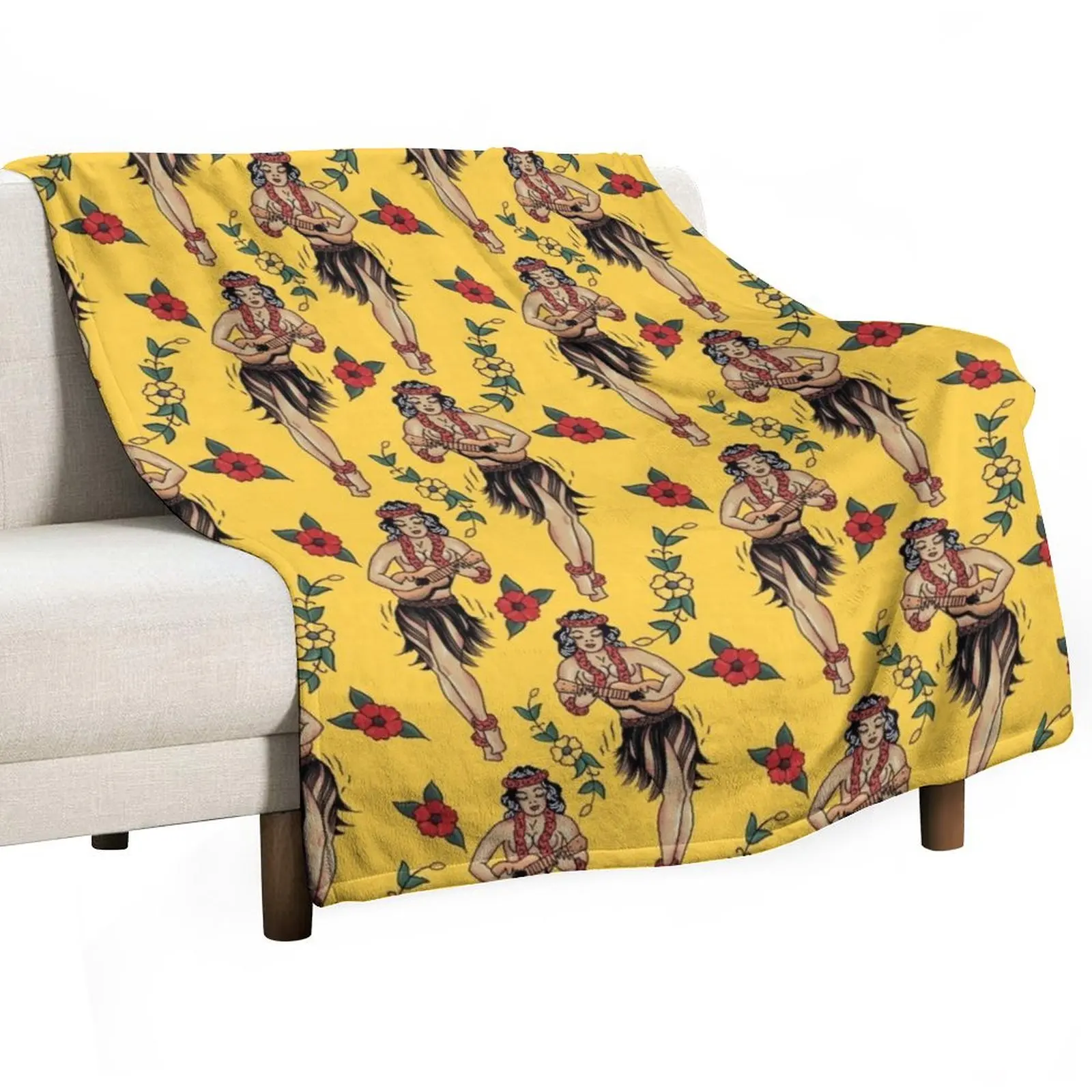 Jerry’s Traditional Aloha Hula Girls In Hawaii Pattern In Yellow Throw Blanket Travel Thin Summer Warm Blankets