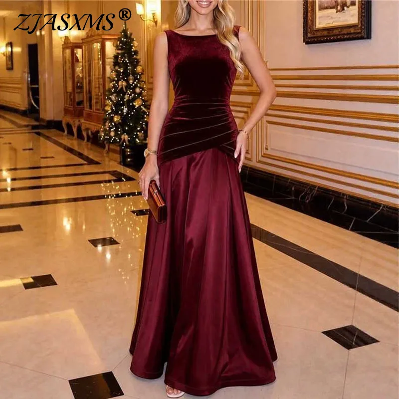 Vestido largo de corte en A, sin mangas, con escote barco, cintura fruncida y detalles de encaje, ideal para otoño, elegante, para ocasiones formales, como invitada a una boda, para fiestas o eventos.