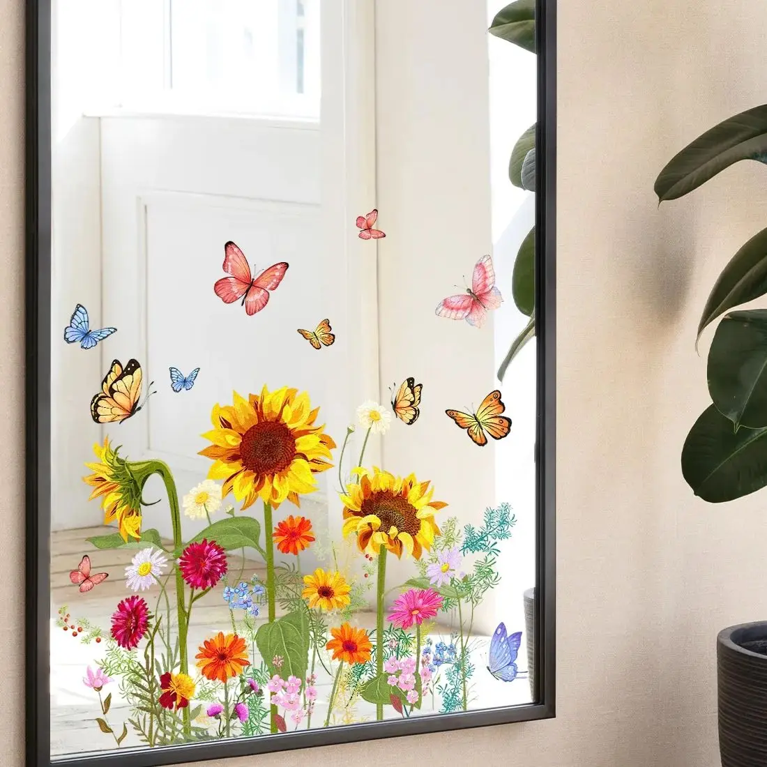 

Sunflower Butterflies Flowers Watercolor Mirror sticker PVC No Adhesive Static Adsorption Removable Bedroom Bathroom Glass Decor