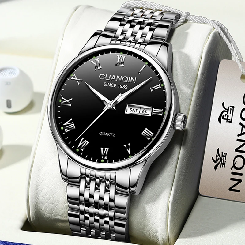 

GUANQIN мужские роскошные кварцевые часы из нержавеющей стали с календарем недели для отдыха светящиеся водонепроницаемые наручные часы премиум-класса для мужчин подарки