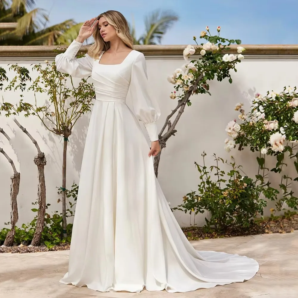 A Line Chiffon Wedding Dress Women's Square Neck Long Sleeve Ruched Button Brides Dress Sweep Train Bridal Gown Vestido De Novia