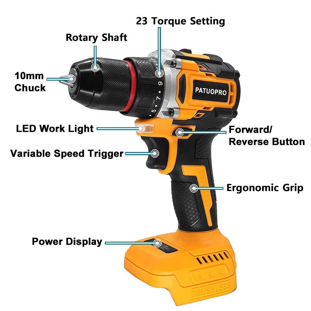 10mm Brushless Electric Drill Varlable Speed Cordless Drill Screwdriver 23 Torque Settings Power Tools For Makita 18V Battery