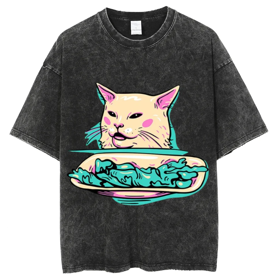 Slim Washed T-Shirt Women Fashion Soft Cotton Tee Shirts Casual Pussycat Graphic Sport Short Sleeve Cool Retro Clothing Female ﻿