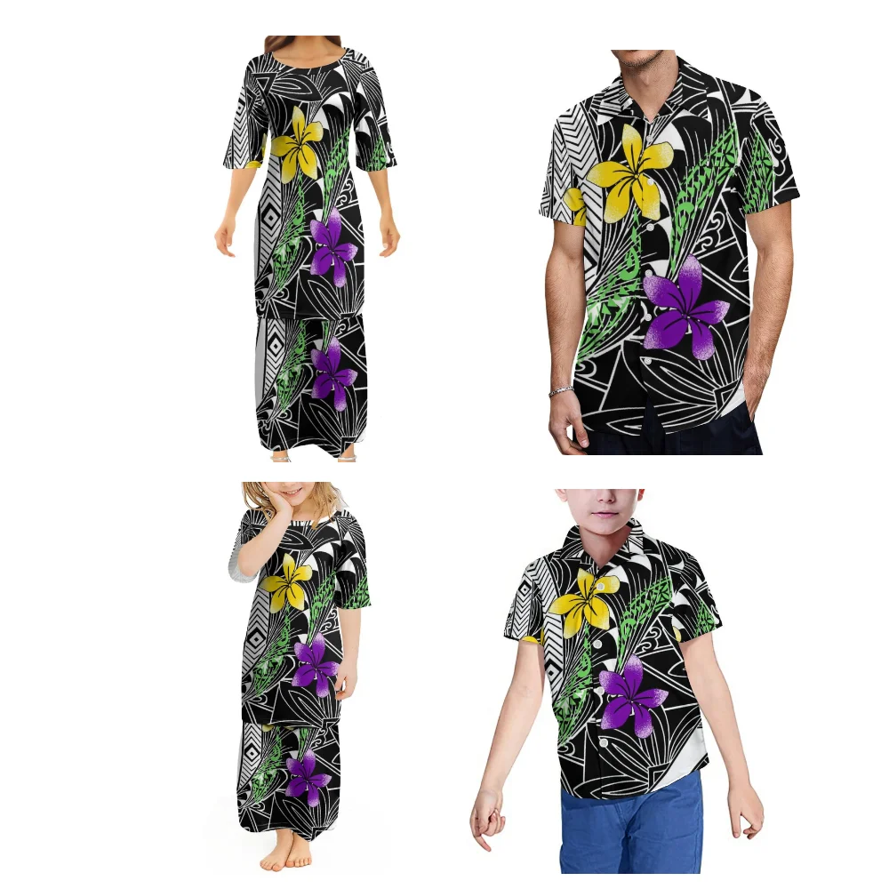 Fiji Samoa Family Art Dress Custom Polynesian Hot Selling Women'S Dress Mom Daughter Puletasi Long Dress Dad Son Shirt