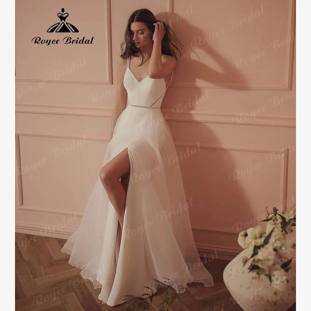 Hochzeitskleid 보헤미안 스파게티 스트랩, V넥 분할 사이드 웨딩 원피스, 2024 백리스 신부 가운, 맞춤형 경량