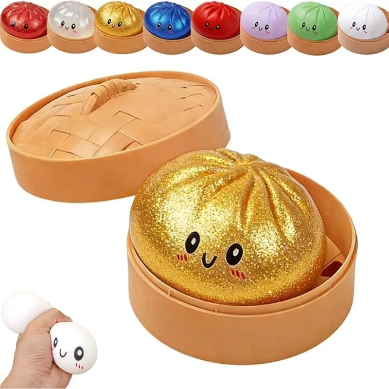 Realistic Giant Dumpling Squeeze Toy with Bamboo Steamer Soft Slow Rebound Sensory Squeeze Toy Relief Anxiety Fidget Stress Ball