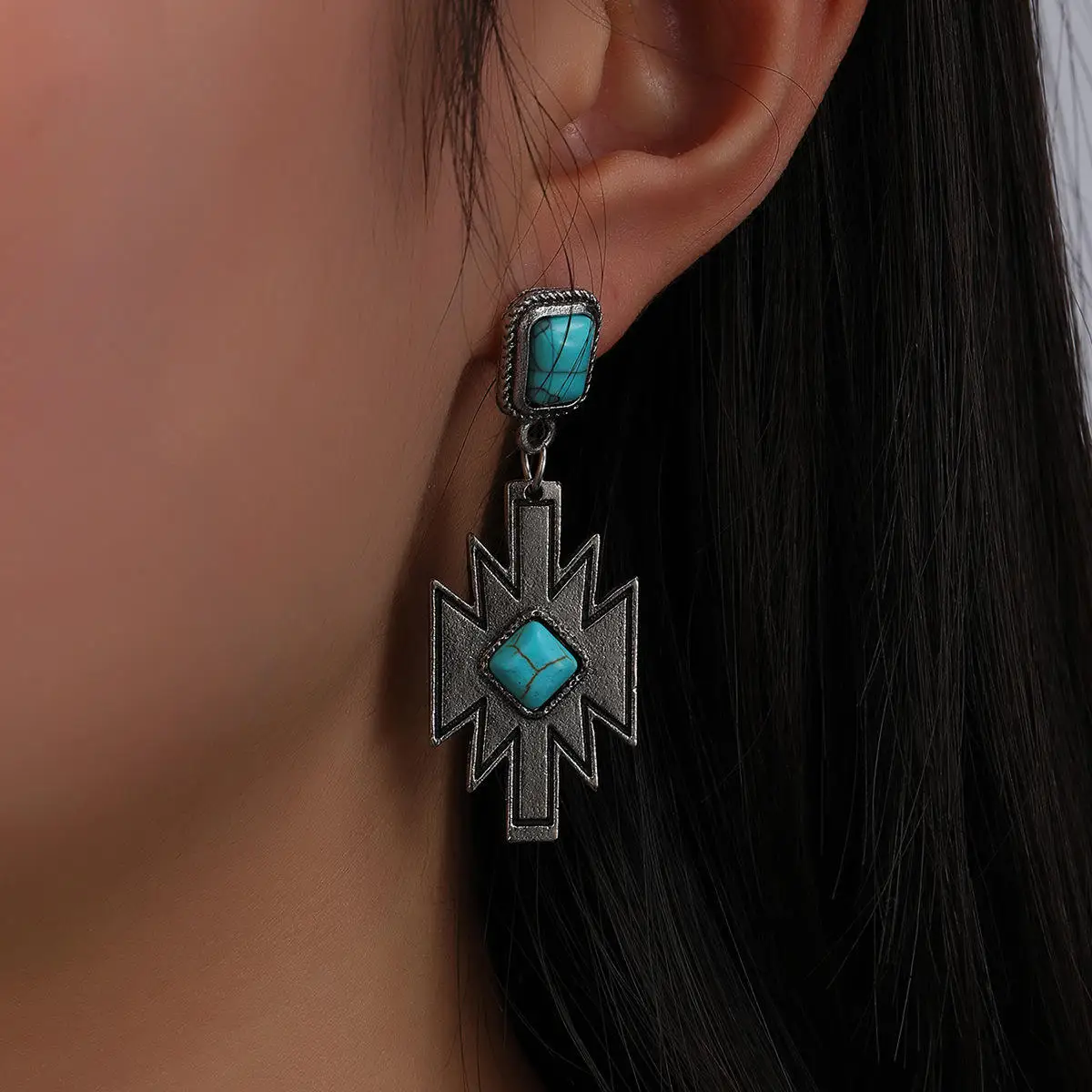 Western Cowgirl Jewelry Bulk Wholesale Aztec Western Dangle Earrings with Faux Cream Stone Navajo Aztec Turquoise Stud Earrings