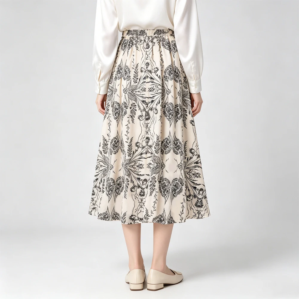 Gongbi Painting 100% Natural Mulberry Silk 03 Crepe De Chine (Excluding Lining) Elastic Waist Pocket Elegant Large Swing Skirt