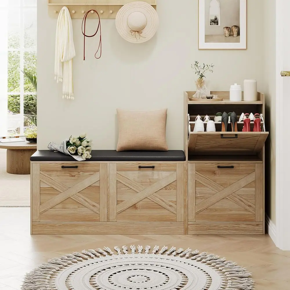 مقعد تخزين لخزانة الأحذية مع أدراج قابلة للطي للمدخل والبهو وغرفة المعيشة - لمسة نهائية طبيعية