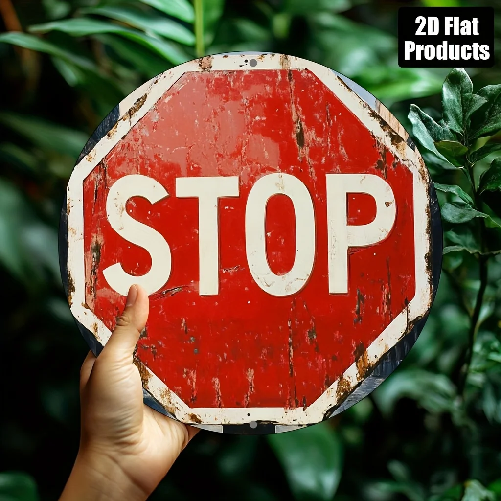 2D Flat - Vintage-Inspired 8.0X8.0inch Circular Aluminum Stop Sign - Rustic Red & White Wall Decor with 