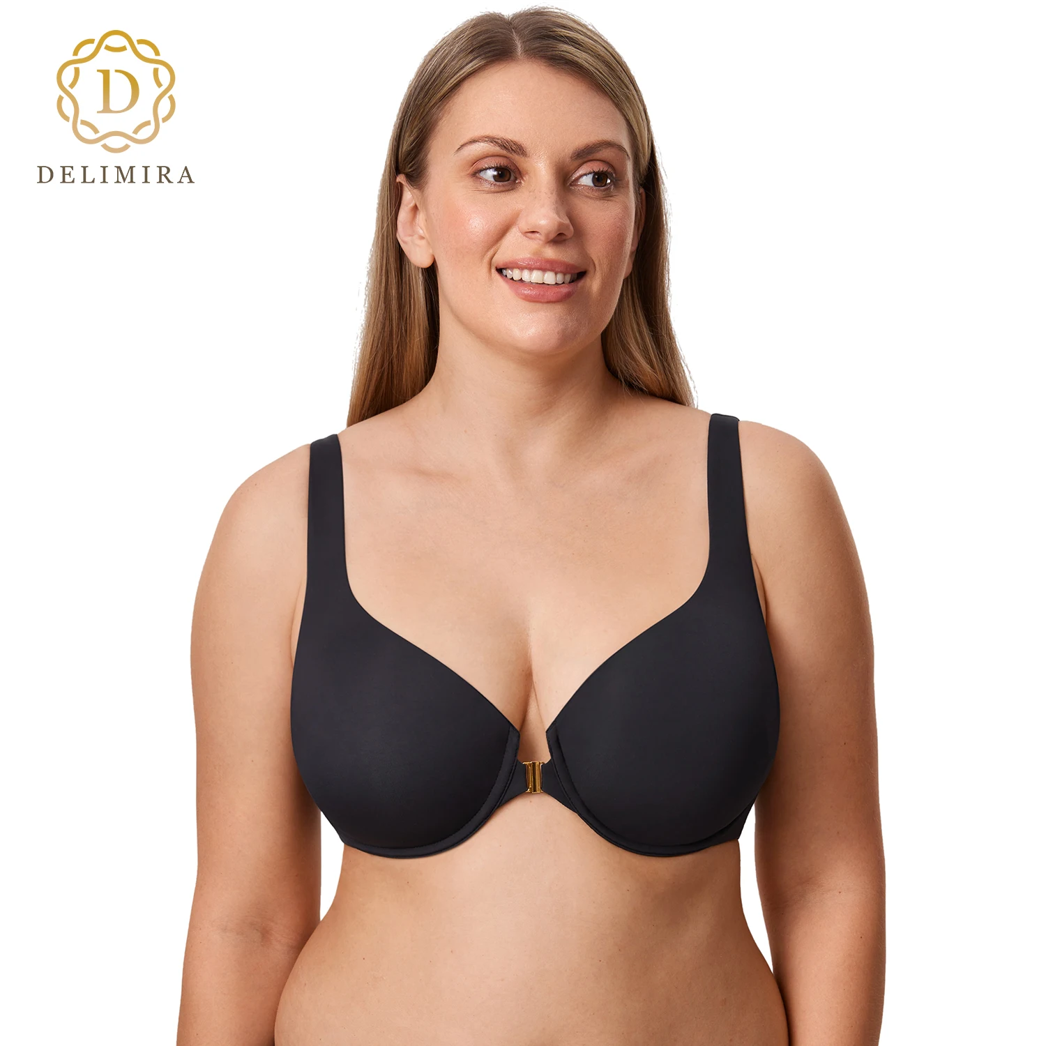 

DELIMIRA Women's Confishape Front Closure Bras Balconette Plus Size Underwire Unlined Bra B C D DD E F