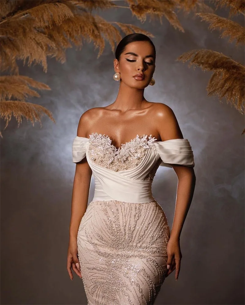 Beige Wedding Dress Pearls Appliqued Bridal Gown Detachable Train Custom Made Off Shoulder Robe Lace Up Back