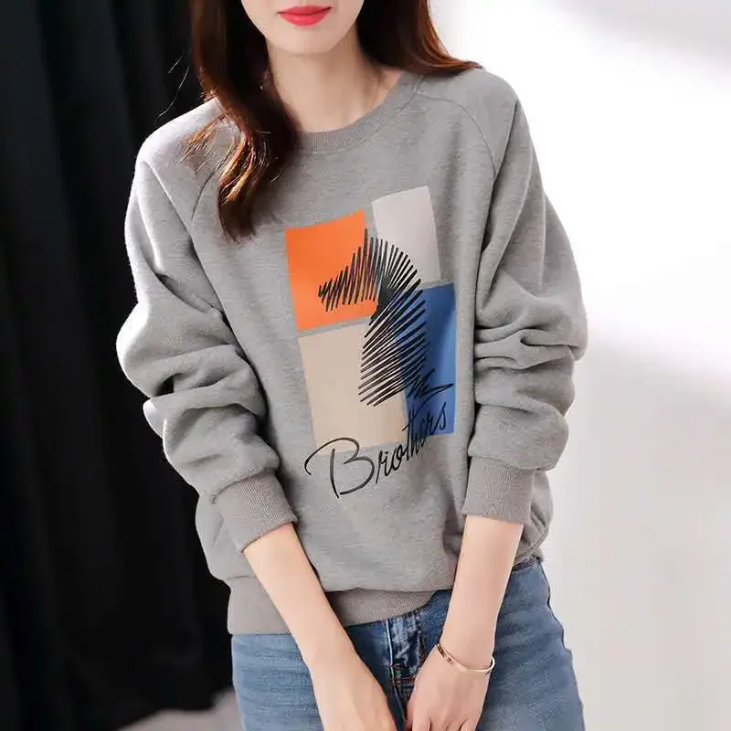 Cotton2023 New Style Loose-Fit Korean Version Versatile Sweatshirt Women's Early Autumn Round Neck Printing Top Wholesale