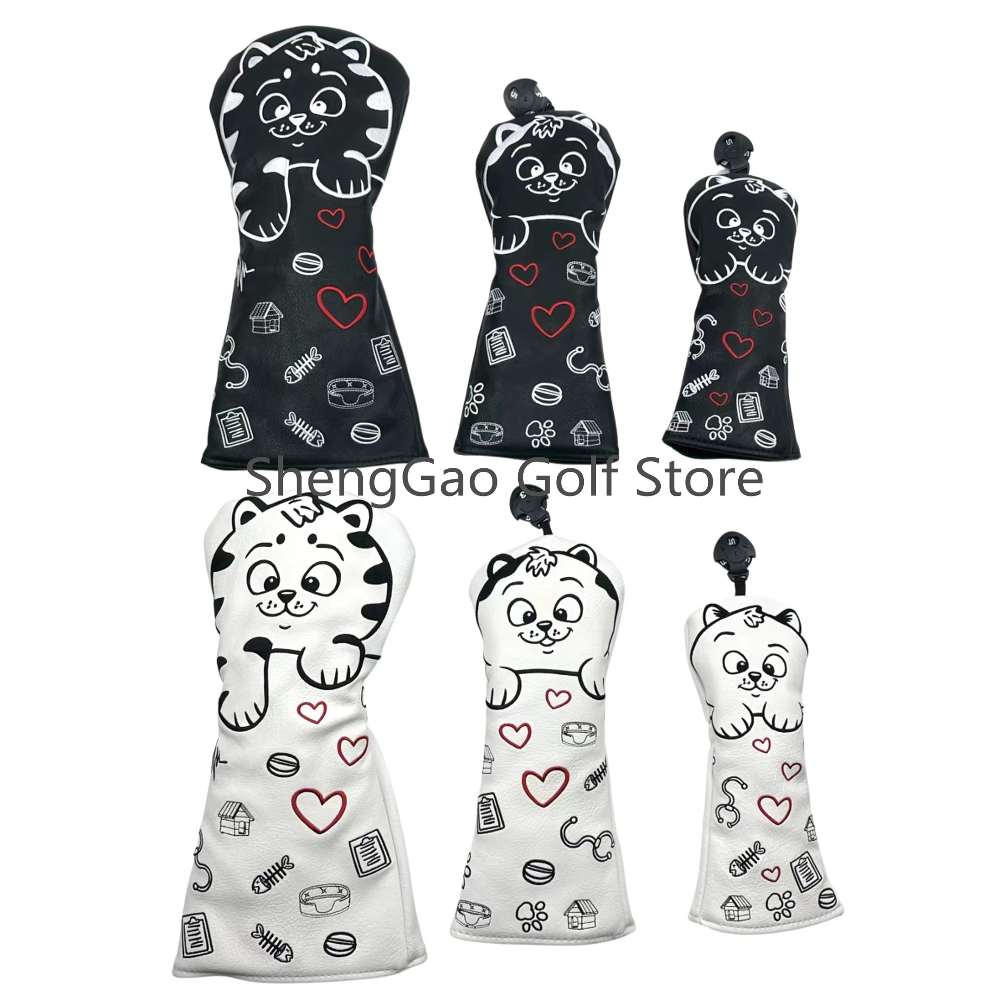 Golf Heart shaped kitten pattern Head cover Driver Head Covers Fairway Wood Head Covers Hybrid Head Covers Push rod head cover