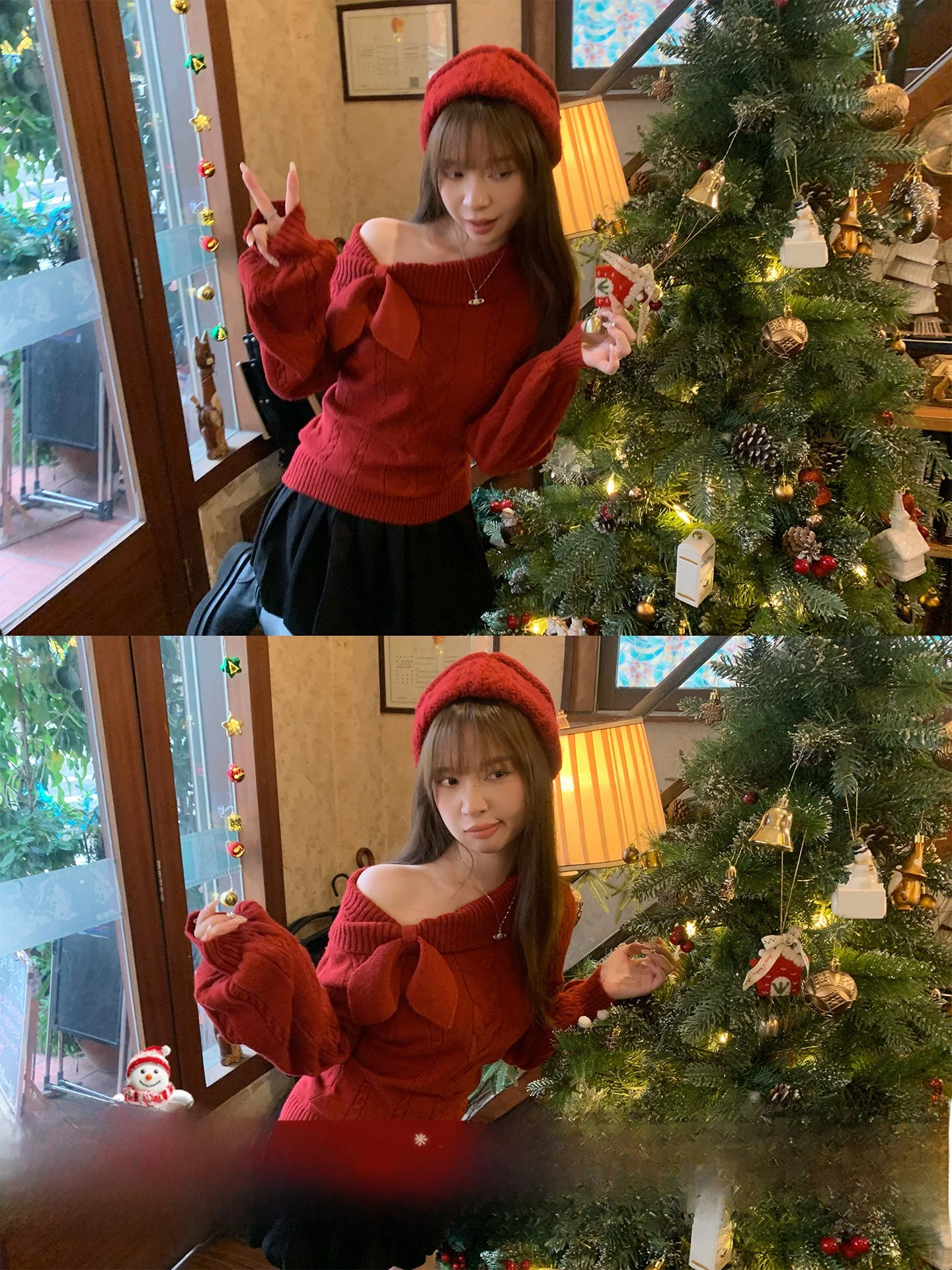 

Red Knitted oulder Bared Sweater for Women Cisas Sle Knot Design Autumn Winter Outerwear Luy Year Faion