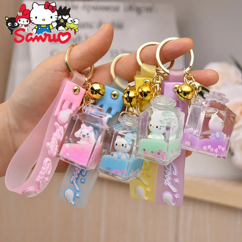 MINISO Hello Kitty Cute Acrylic Oil Wishing Bottle Key Chain Creative Cartoon Couple Bag Pendant Car Hanging Schoolbag Gift Toy