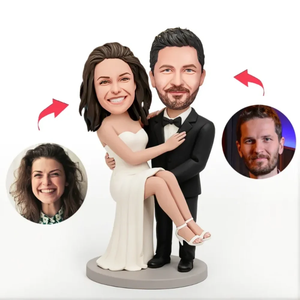Custom Couple Man in Suit Carrying a Woman in a White Dress in His Arms Custom Bobblehead With Engraved Text Gift for Valentine'