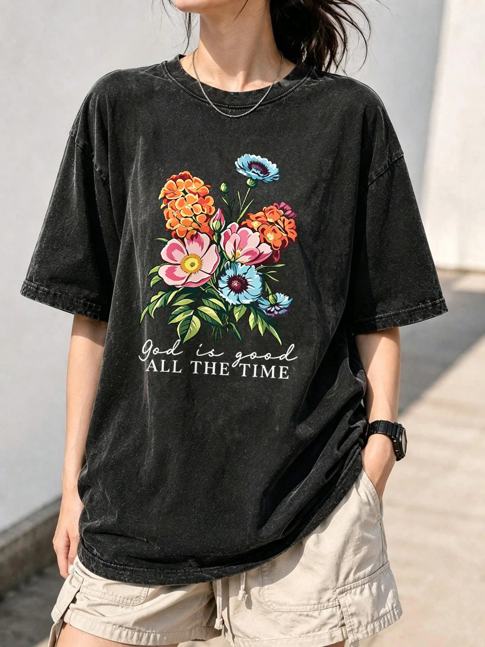 God Is Good Wildflower Bouquet Prints Washed T-Shirts Womens Cotton Oversized Tops Casual O-Neck Distressed Tees Summer Clothes