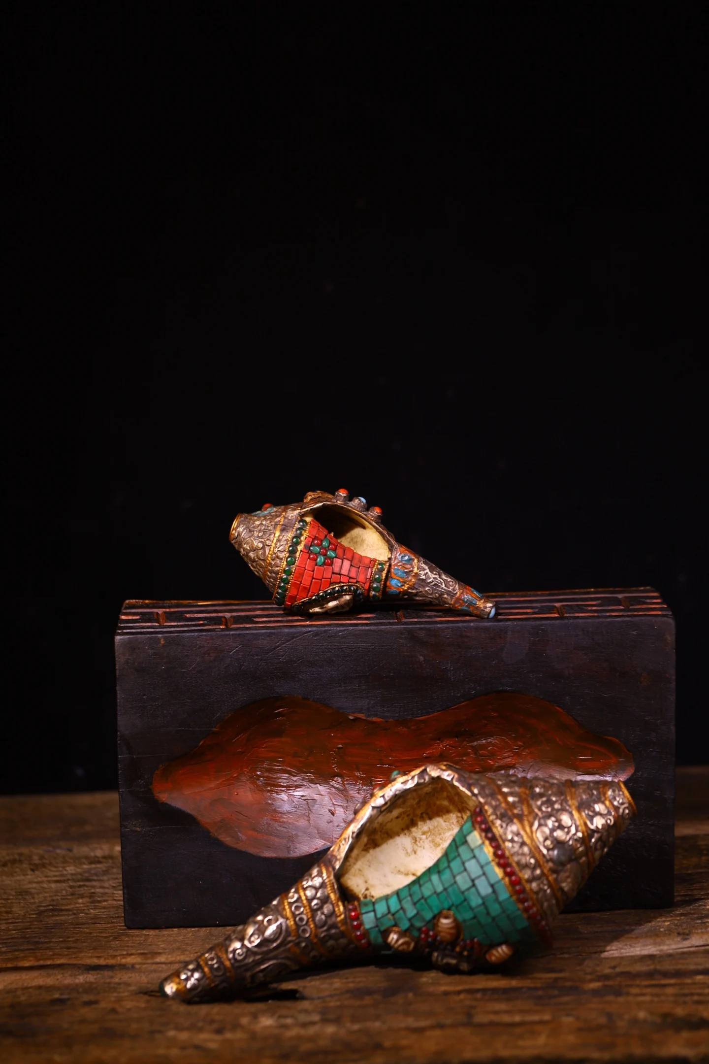 Old Natural Conch Mosaic Gem gZi Beads Turquoise Buddha Conch Bodhi Root Base Base Amulet Worship Hall Town house