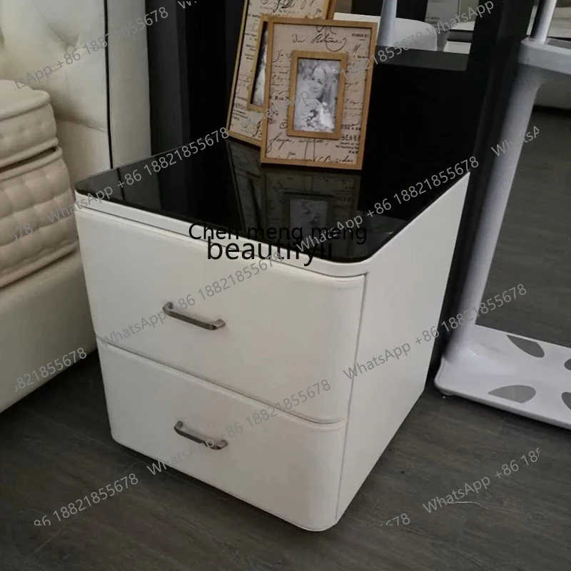 Bedside Table Leather Cabinet Locker Bedside Cabinet Double-Layer Solid Wood Drawer Tempered Glass