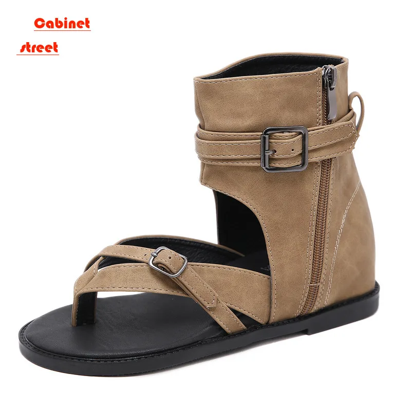 

2024 New Inside-increase Women's Shoes with High-top Wedge Toe Retro Roman Shoe Cover Toe Summer Invisible Elevation Flat Sandal