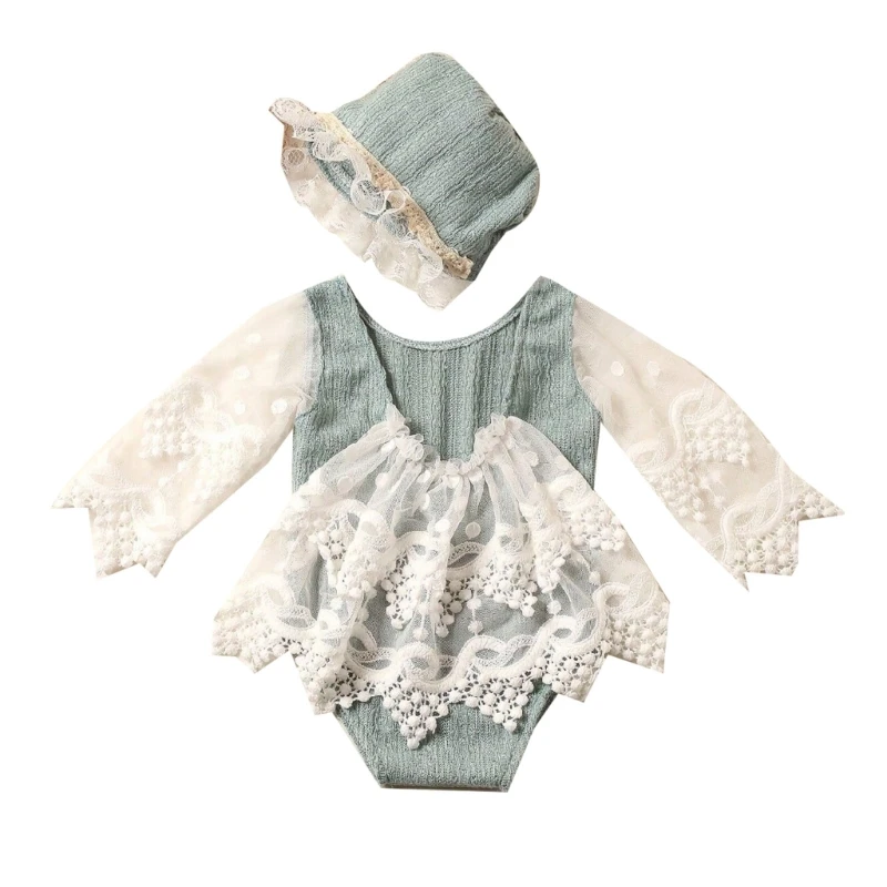 0-1M Baby Girls Photography Props Lace Dress Jumpsuit Bonnet Hat Newborns Photo Props Photoshooting Hat & Romper Costume