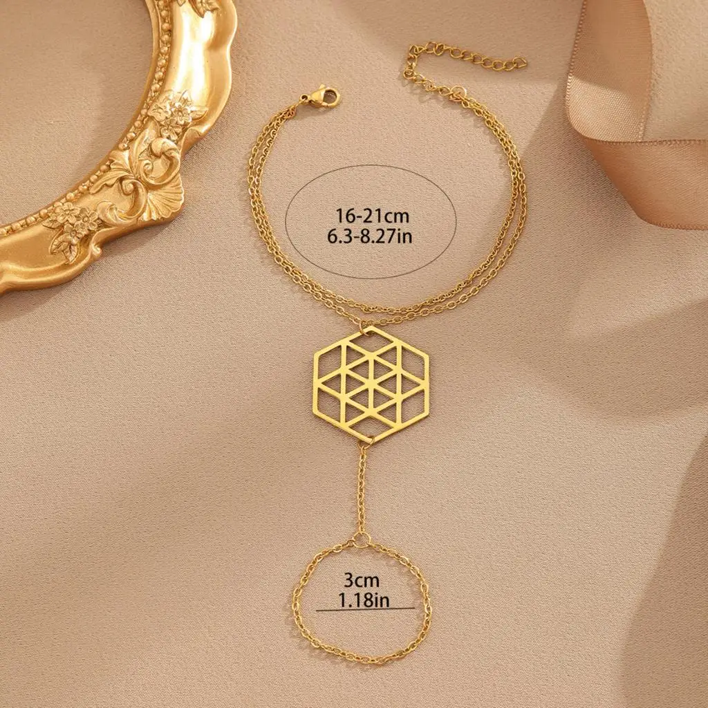 QIAMNI Origami 24 Carat Geometric Pendant Chain Bracelet Trendy Connected Finger Ring Bracelet for Women Girl Elegant Party Gift
