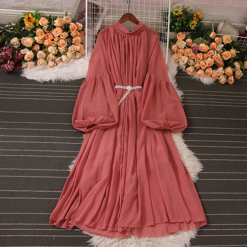 

French Vintage Solid Puff Sleeves O Neck Dress Casual Women Fashion Autumn Spring Vestidos