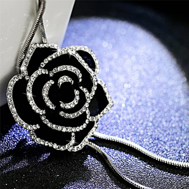 Black Rose Flower Long Pendant Necklace Sweater Chain Crystal Women Jewelry Gift