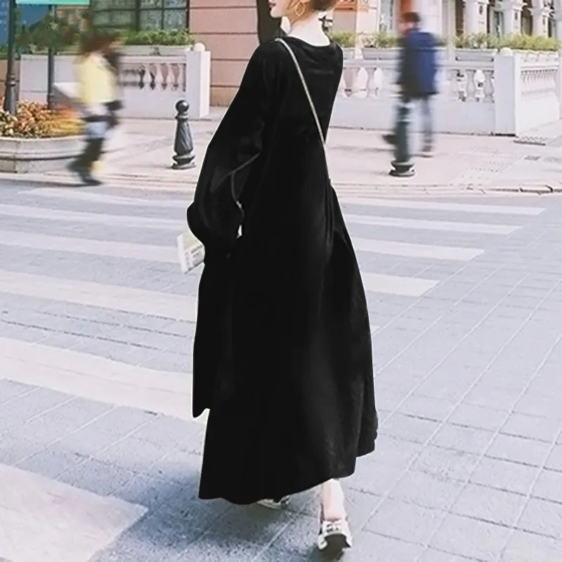 Autumn Dress Vintage Temperament Casual Solid Color Long Sleeves V Neck Dresses 2025 New Women's Commuting Streetwear Maxi Dress